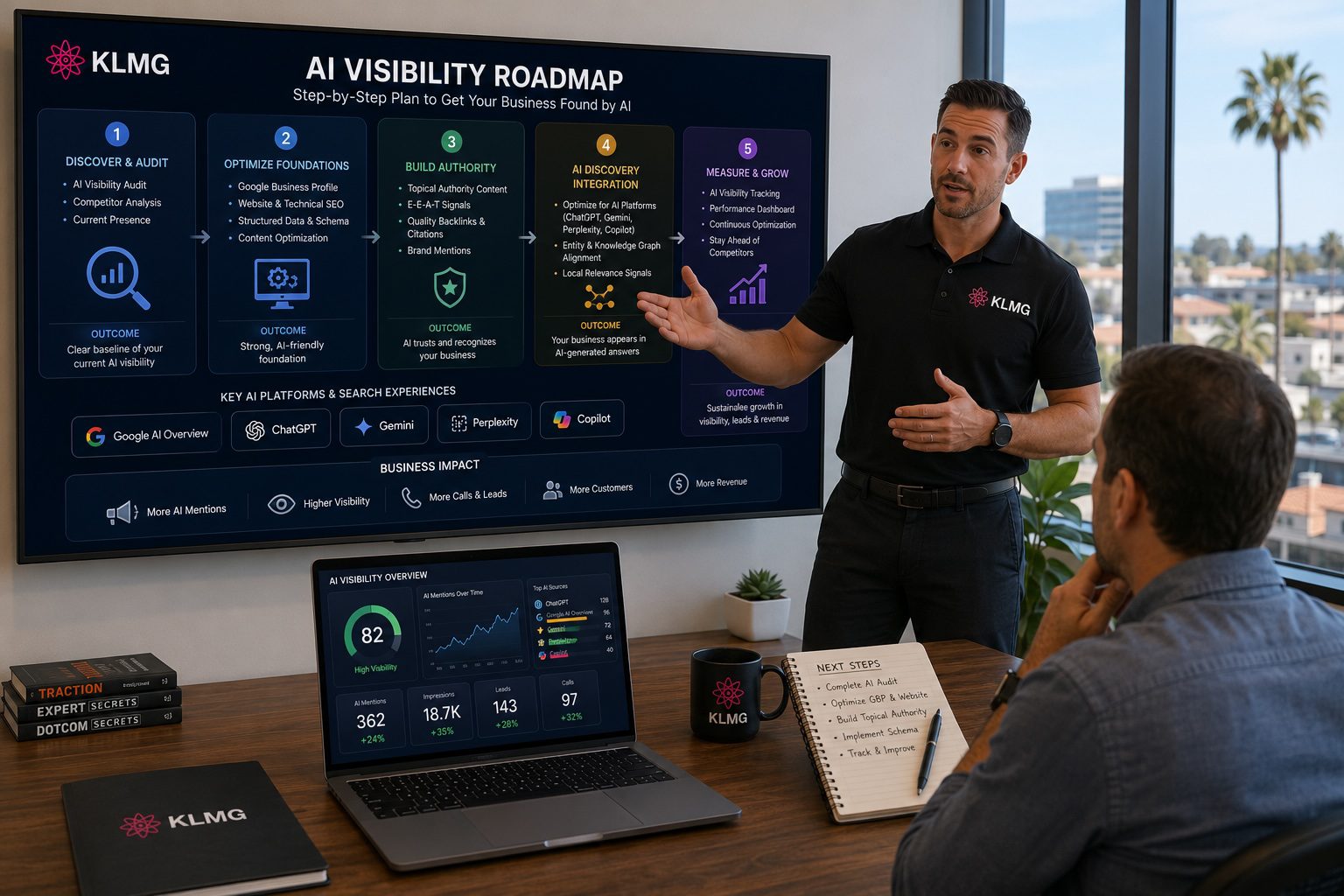 Consultant explaining AI visibility strategy to a local business | ChatGPT AI SEO | KL Marketing Group